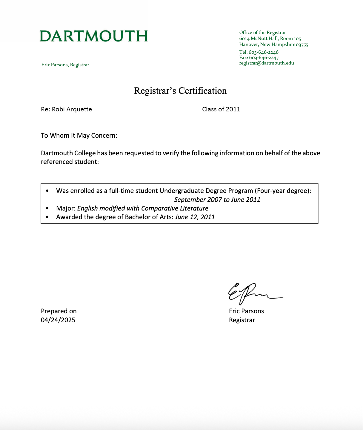 Dartmouth Diploma
