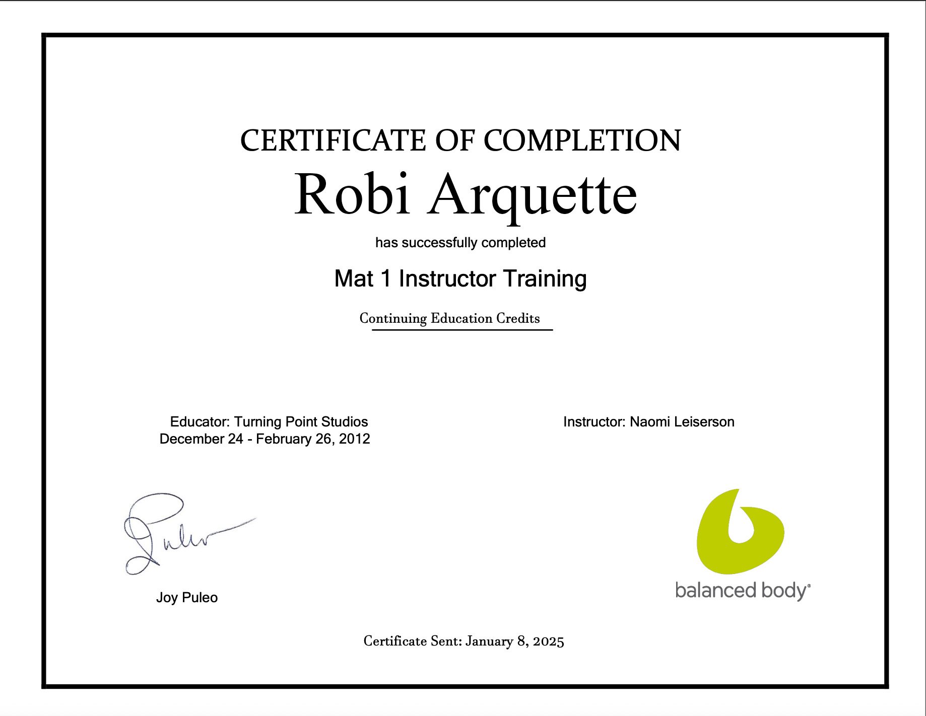 Pilates Certificate: Mat 1